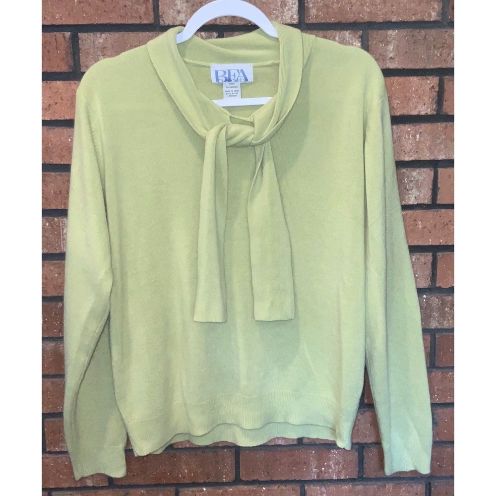 BFA Classics Vintage Lime Green Tie Neck Acrylic Sweater Long Sleeve Size XL